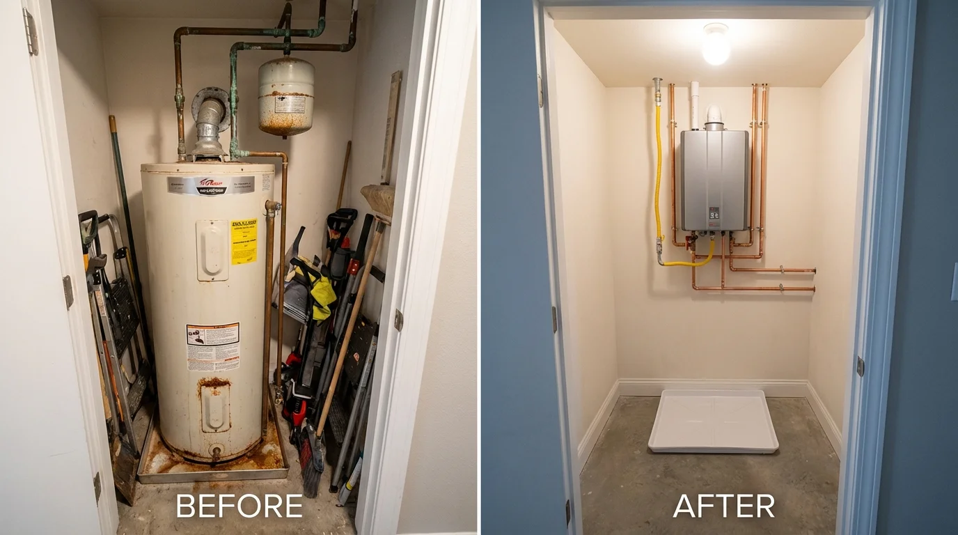 Tank water heater versus wall-mounted tankless unit comparison for Lakin, KS homeowners