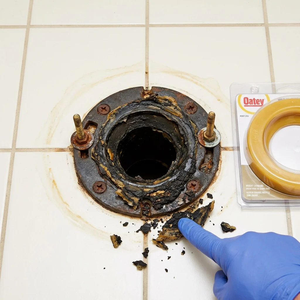 Failed wax ring showing water seepage at the base of a toilet in a Lakin, KS home