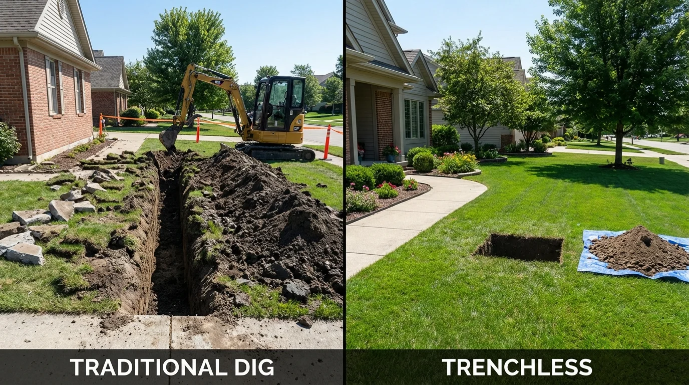 Trenchless sewer repair with minimal yard damage versus traditional excavation in Lakin, KS